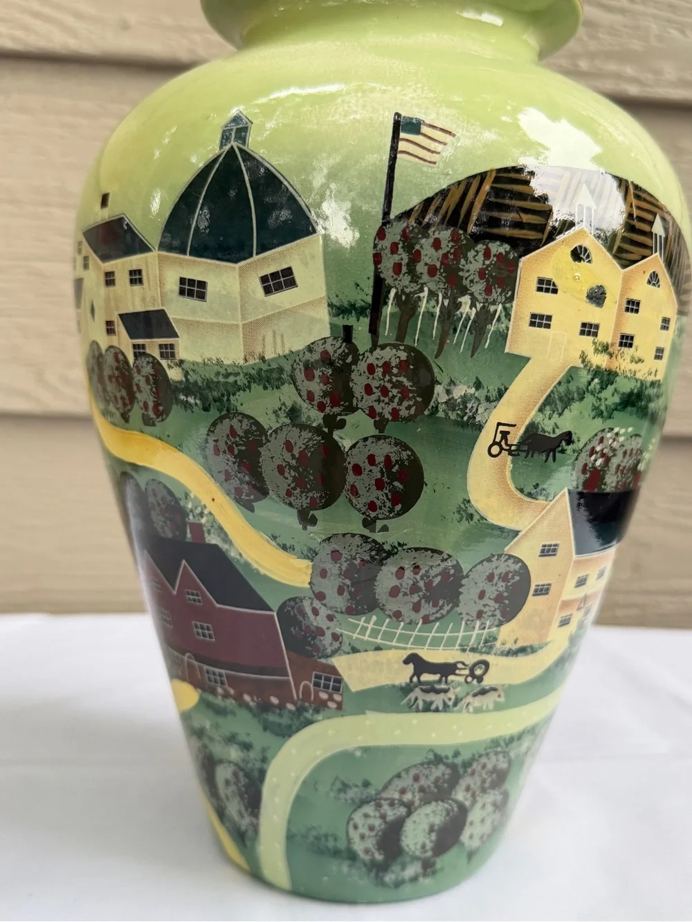 American Folk Art Pottery Vase  11” Rustic Country Farm Green Glossy Horse Flag